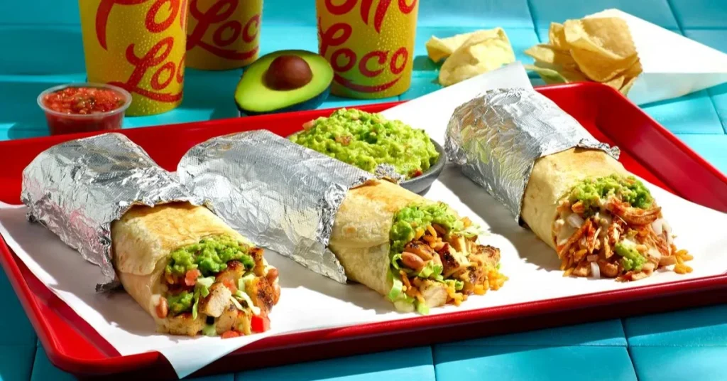 Beef and chicken burritos with guacamole and chips, El Pollo Loco menu, Mexican-inspired fast food.